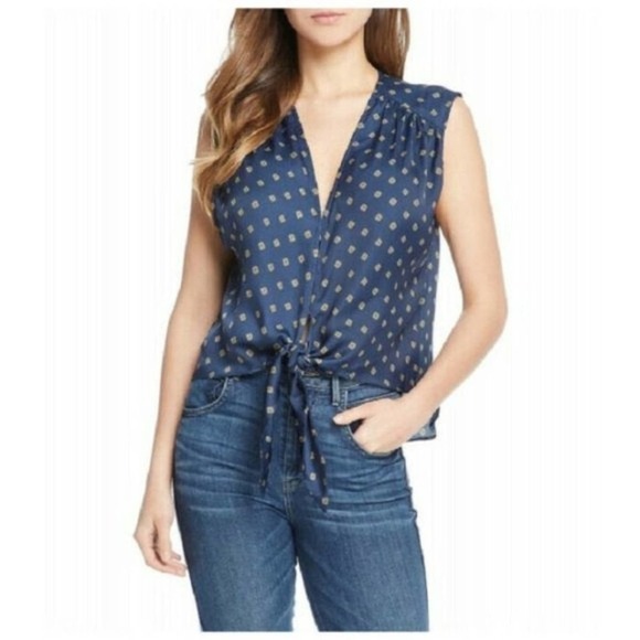 Free People Mornings In Marrakesh Diamond Print V-Neck Tie Waist Hi-Low Top Blue - Picture 1 of 8